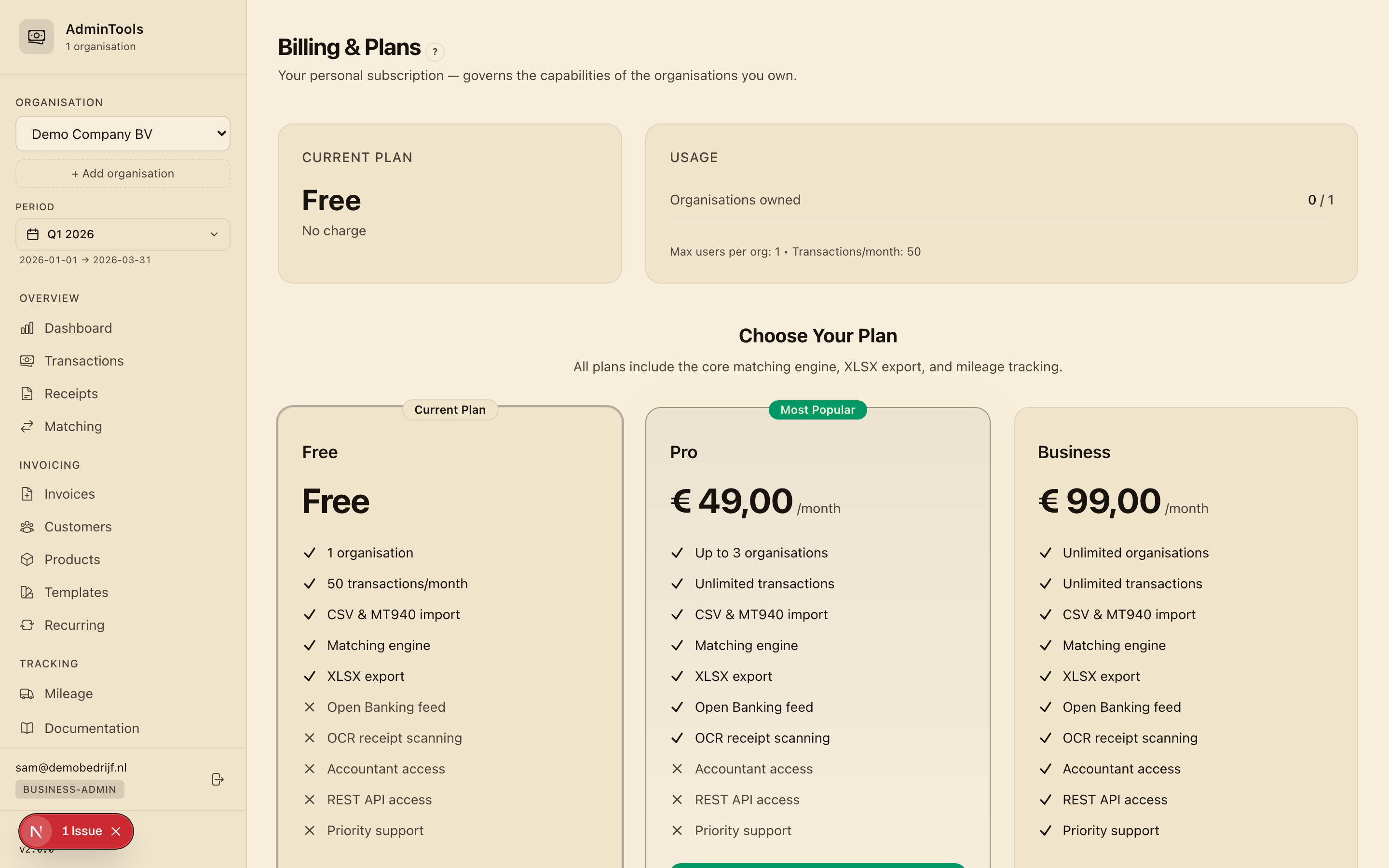 The billing page, showing the Free, Pro and Business plans side by side with the current plan highlighted and usage meters for transactions and businesses