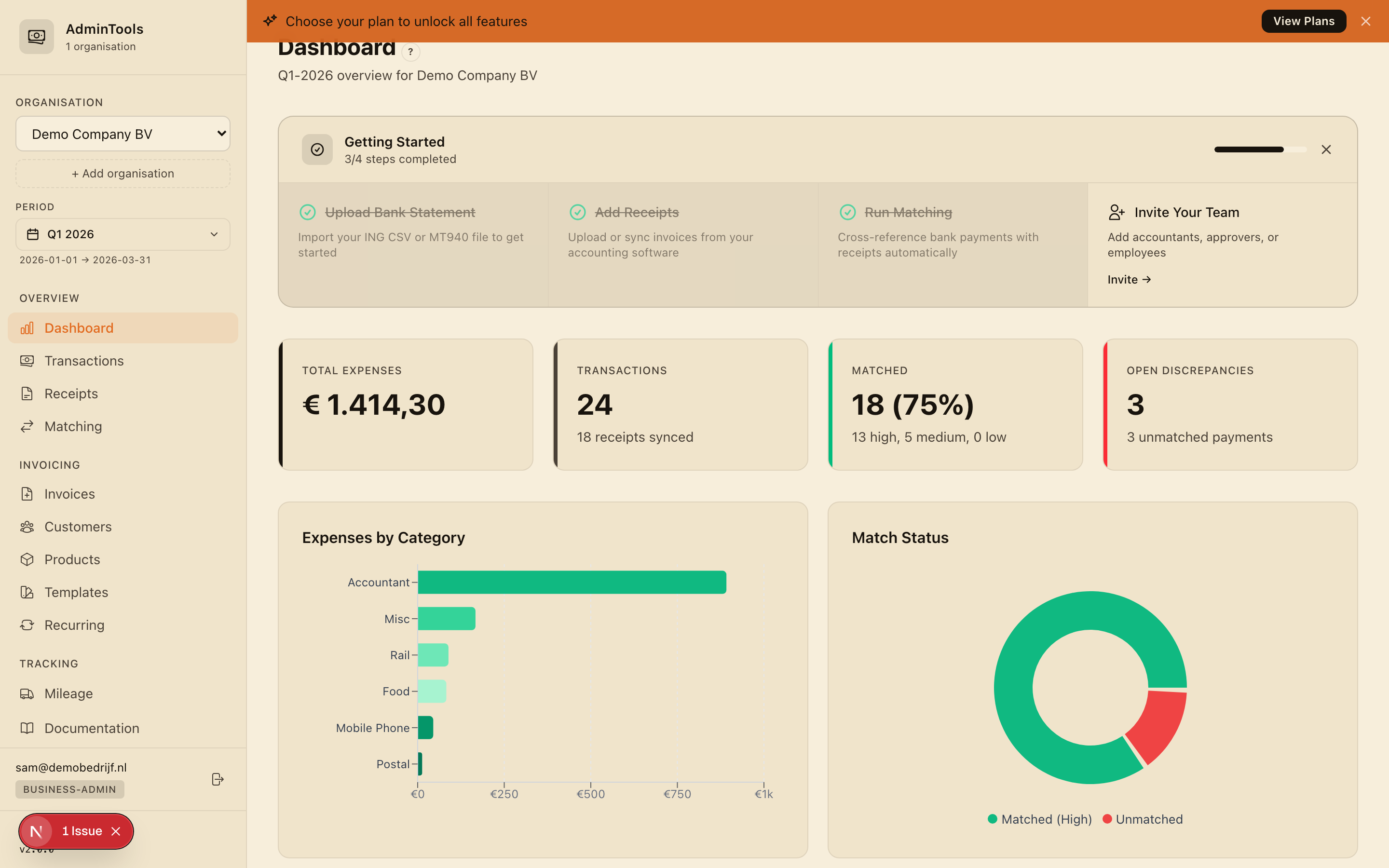 Your dashboard, with KPI cards, charts and quick actions