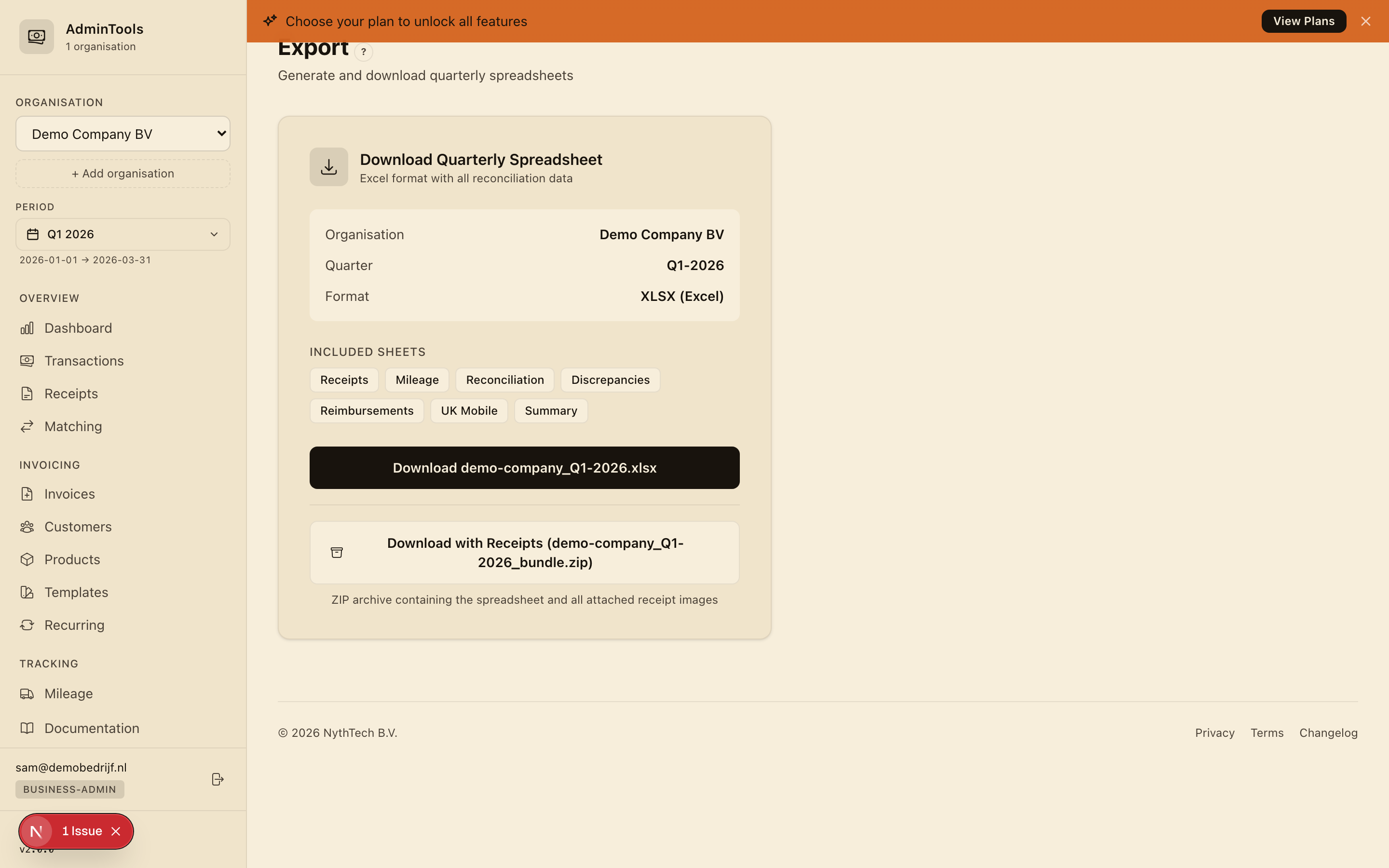 Export page with a business and quarter selected, badges for the included sheets, and the download button