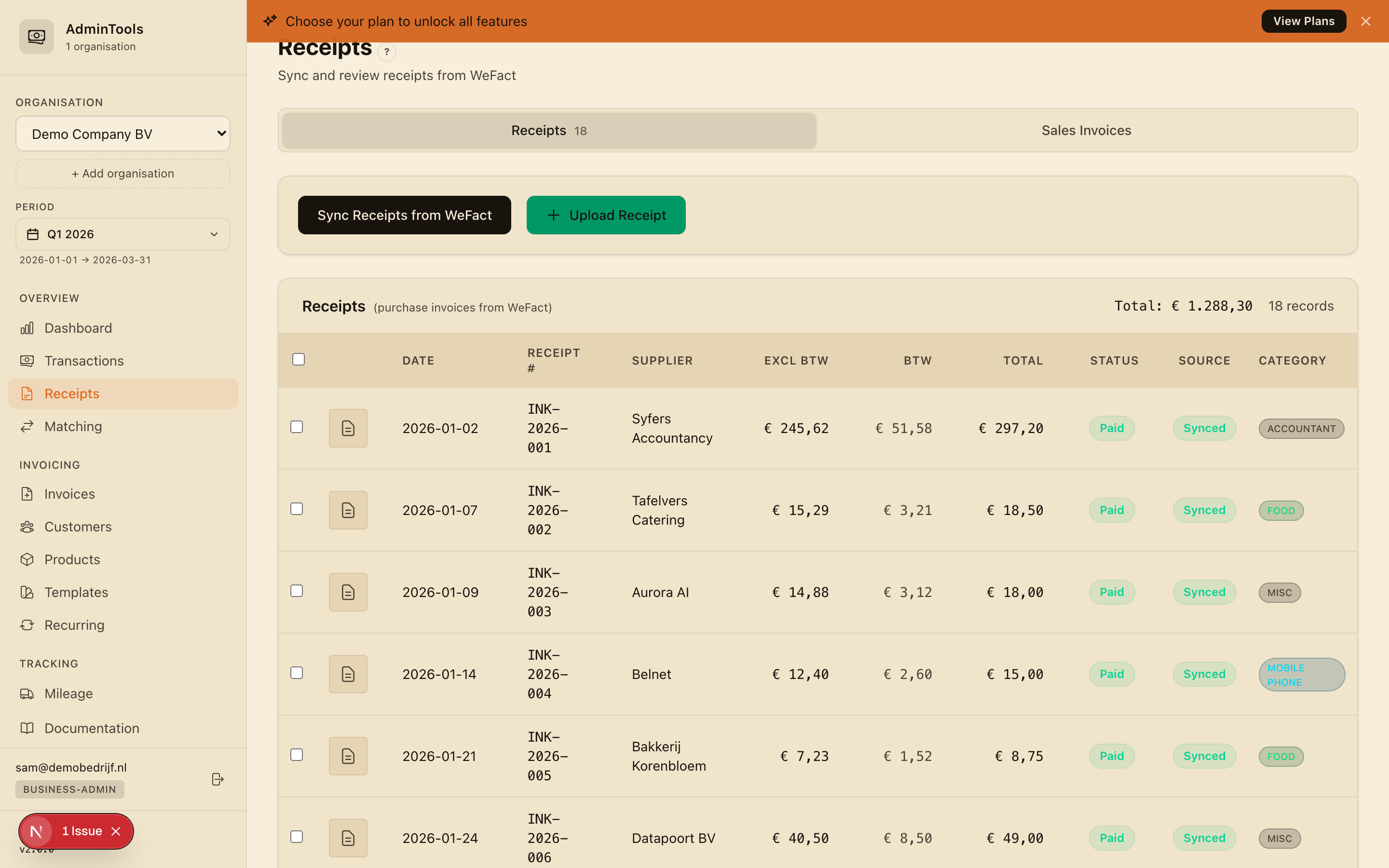 The Receipts tab, showing a table of purchase invoices with thumbnail, date, supplier, amount excluding BTW, BTW, total and a status badge
