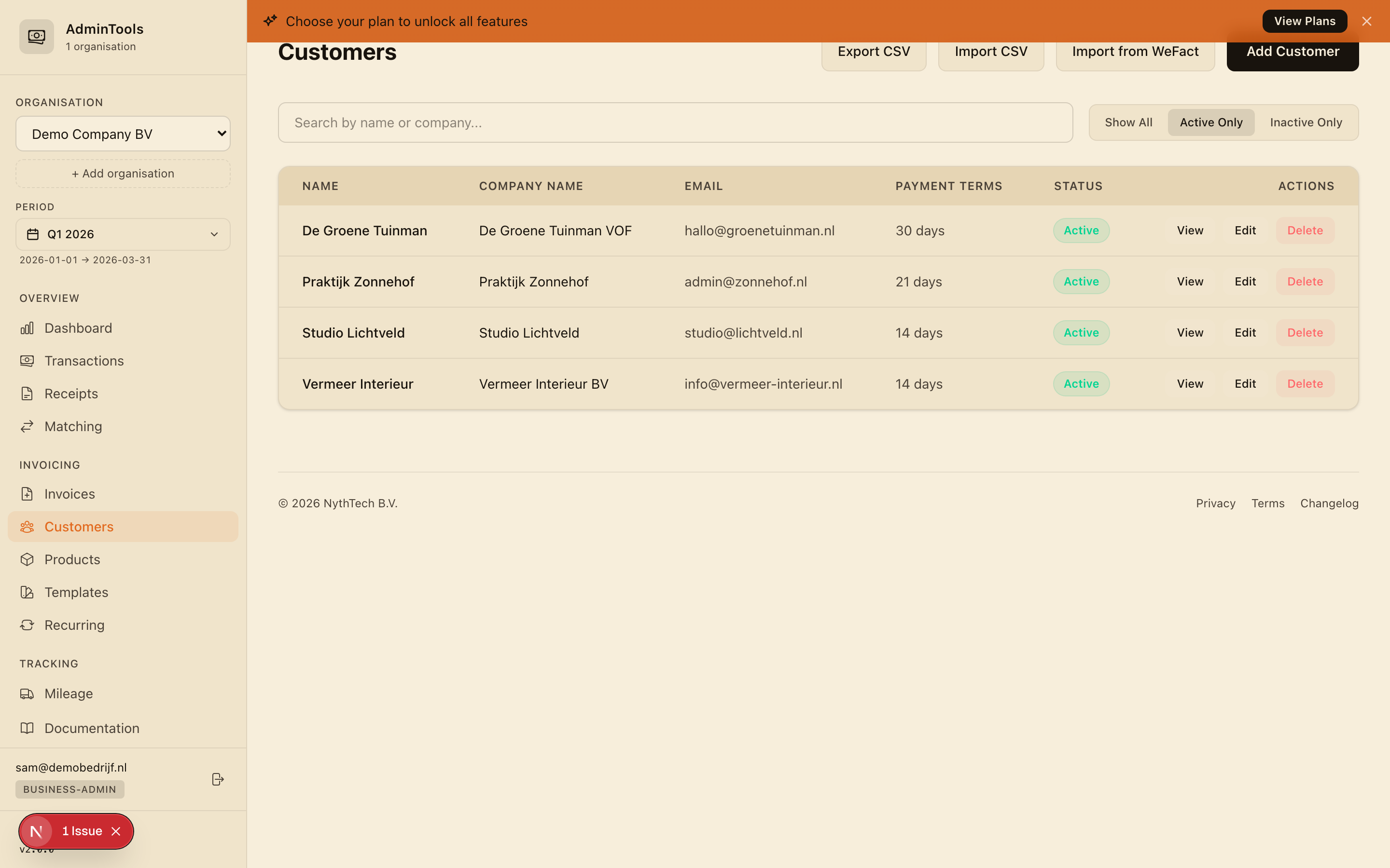 The customer list showing several customers with their email and outstanding balance
