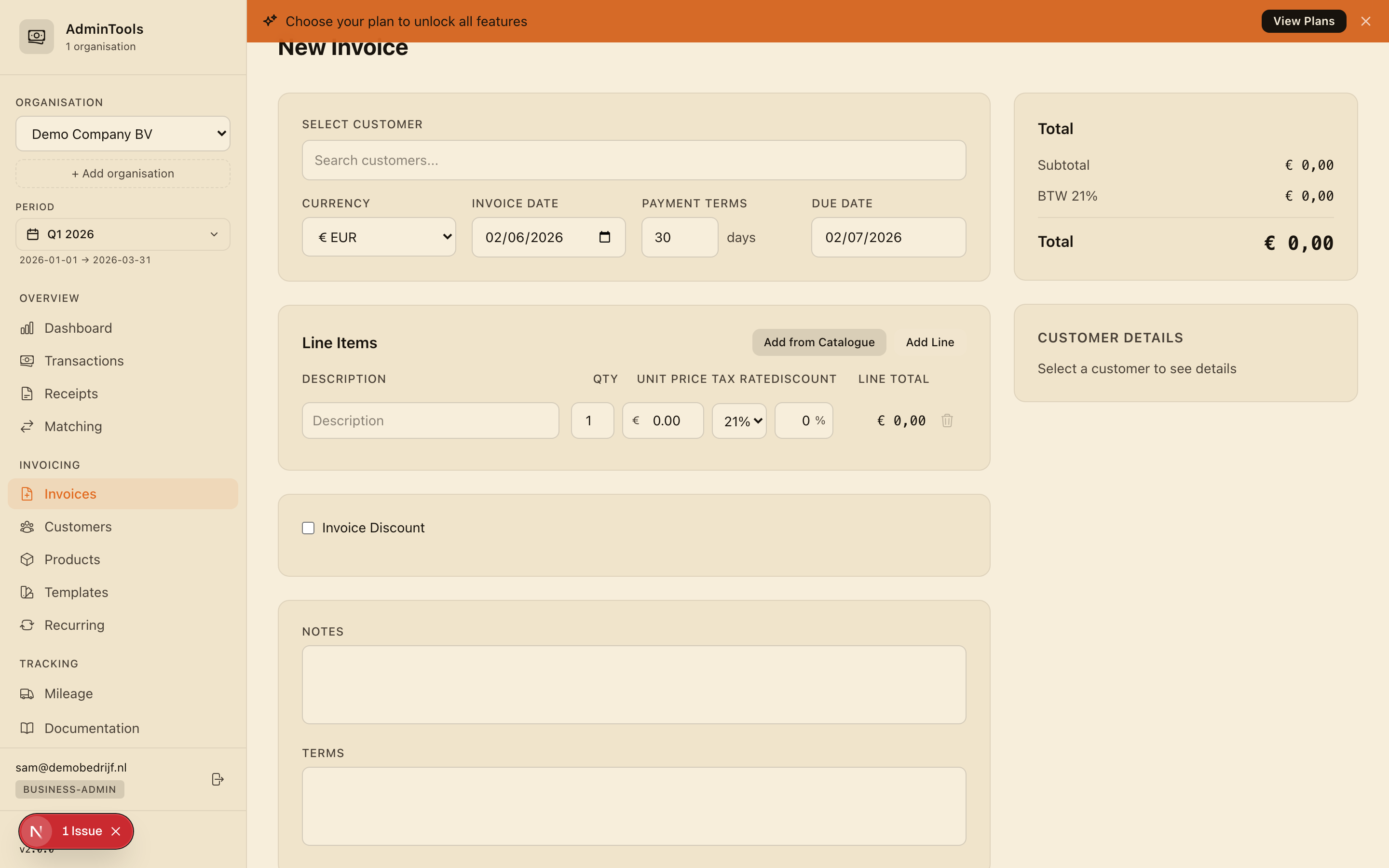 Creating a new sales invoice for a customer, with line items, BTW and totals ready to send