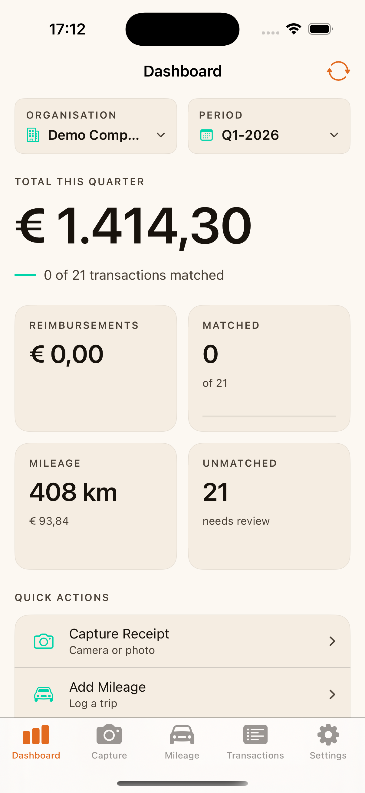 The iPhone app dashboard showing expense and mileage totals with charts
