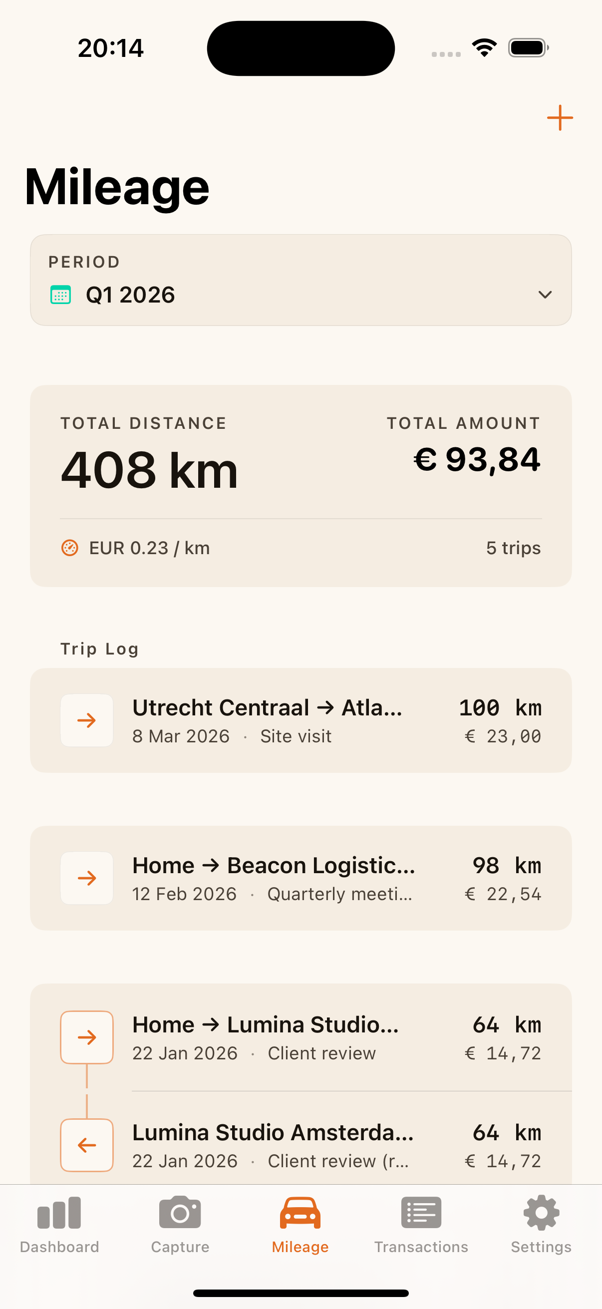 The iPhone mileage screen showing saved routes and a trip entry with a live euro total