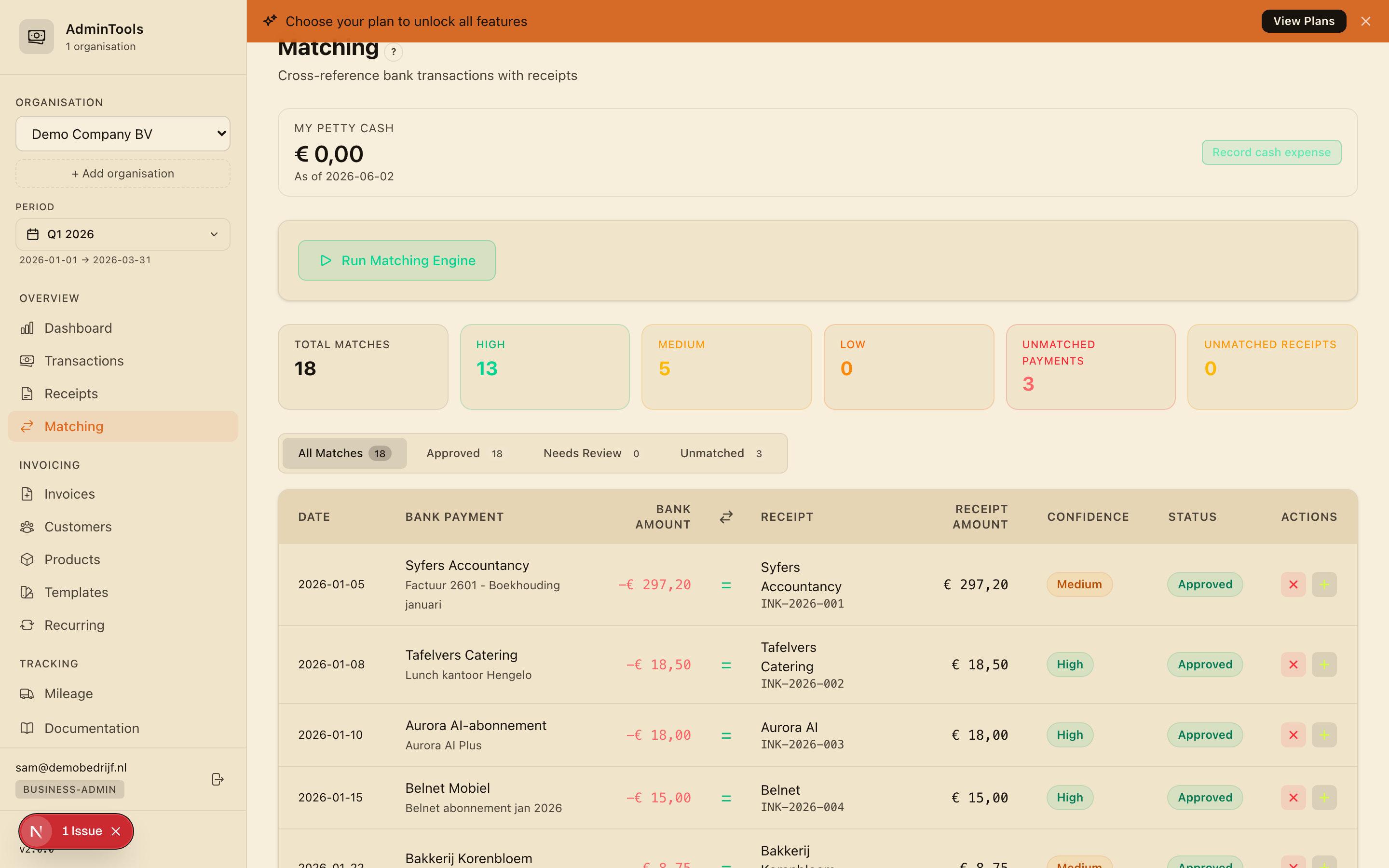 Matching screen pairing bank transactions with purchase invoices, each with a confidence badge and Approve or Paid Privately buttons