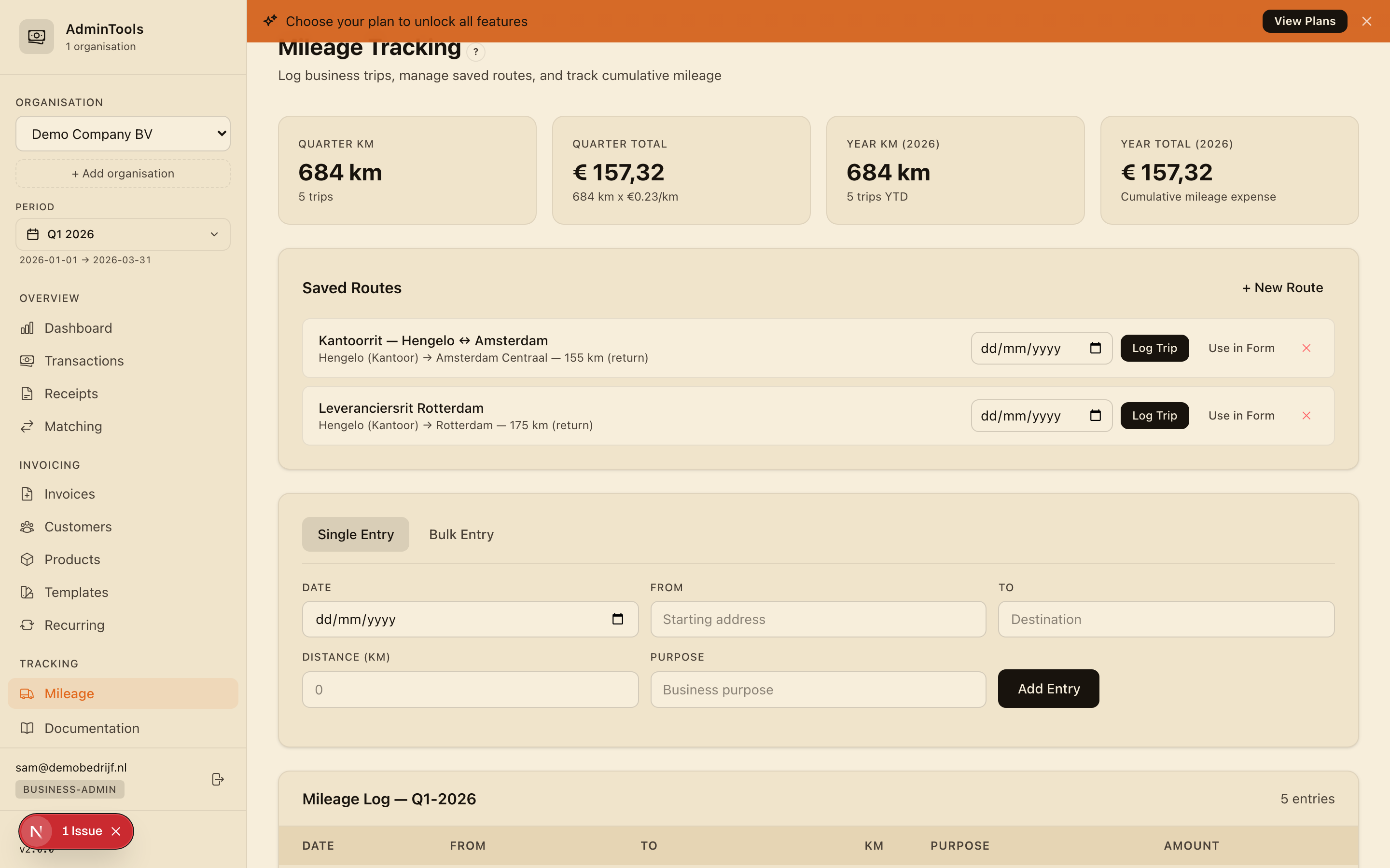 The Mileage page, with summary cards for the quarter and year, a saved route, the single-trip form showing a live euro estimate, and the quarterly log table below