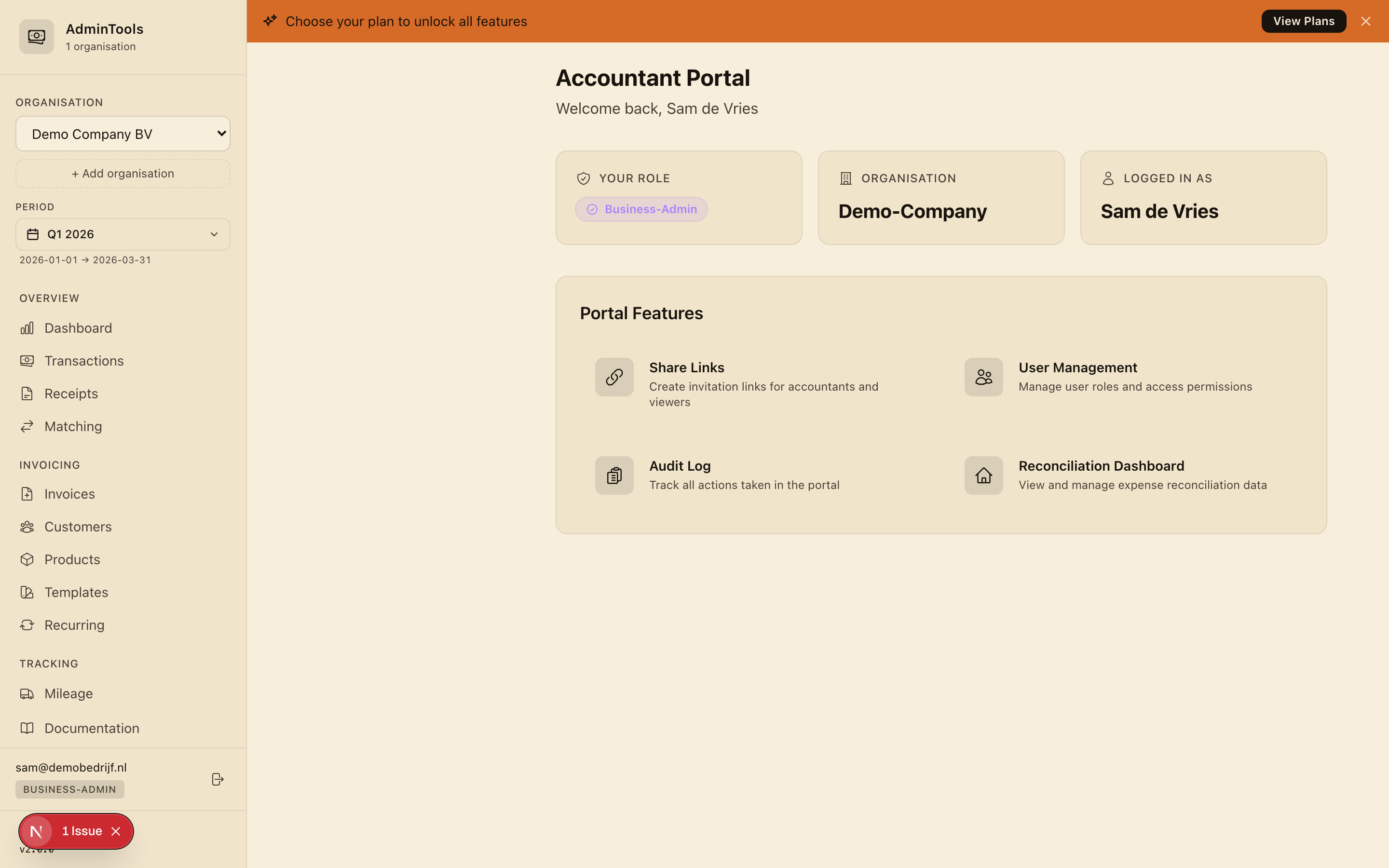 An accountant's focused view of a single business, with read-and-export navigation only