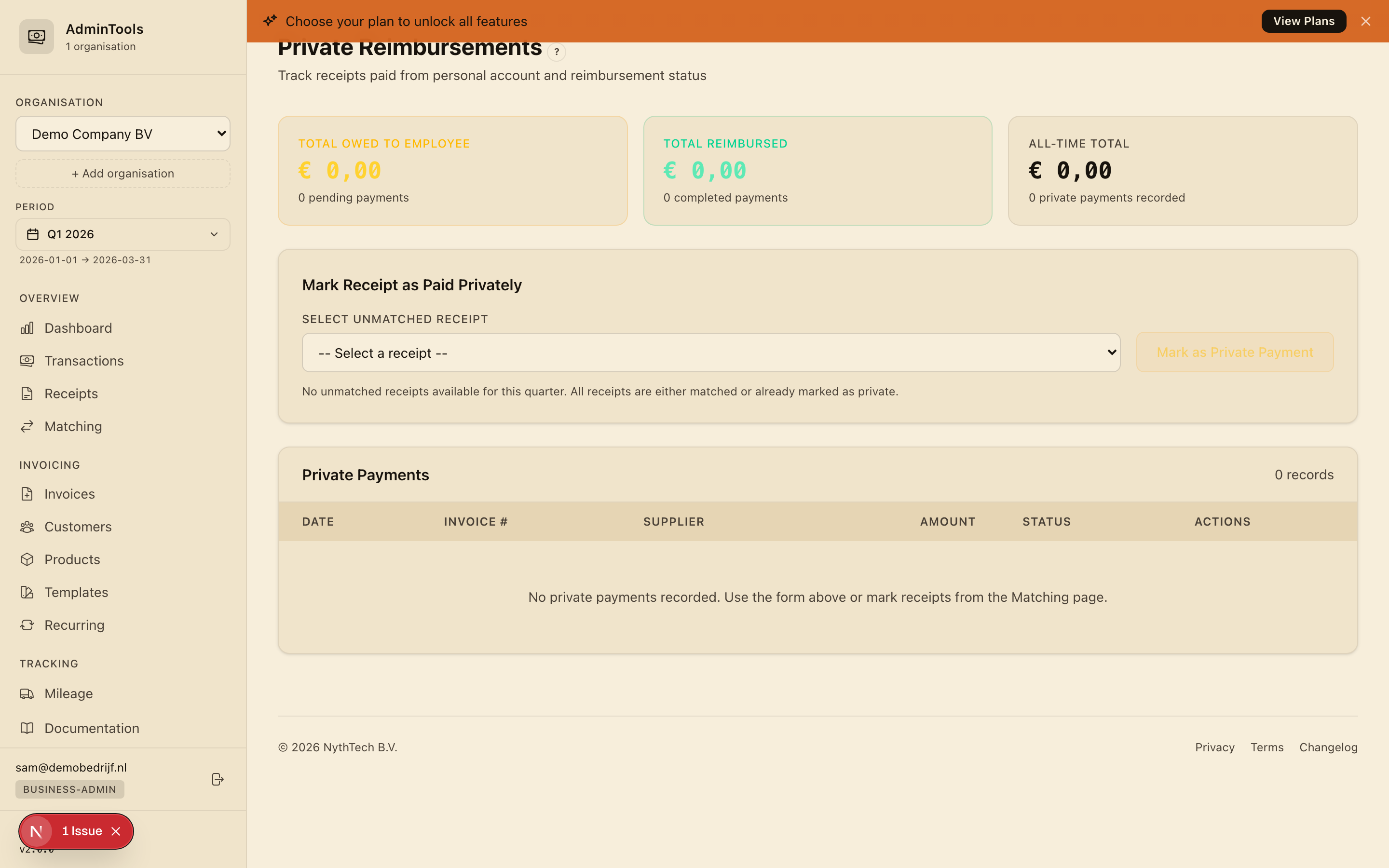 The Reimbursements page showing Total Owed, Total Reimbursed and All-Time cards, a table of personal payments with status badges, and the running-balance footer