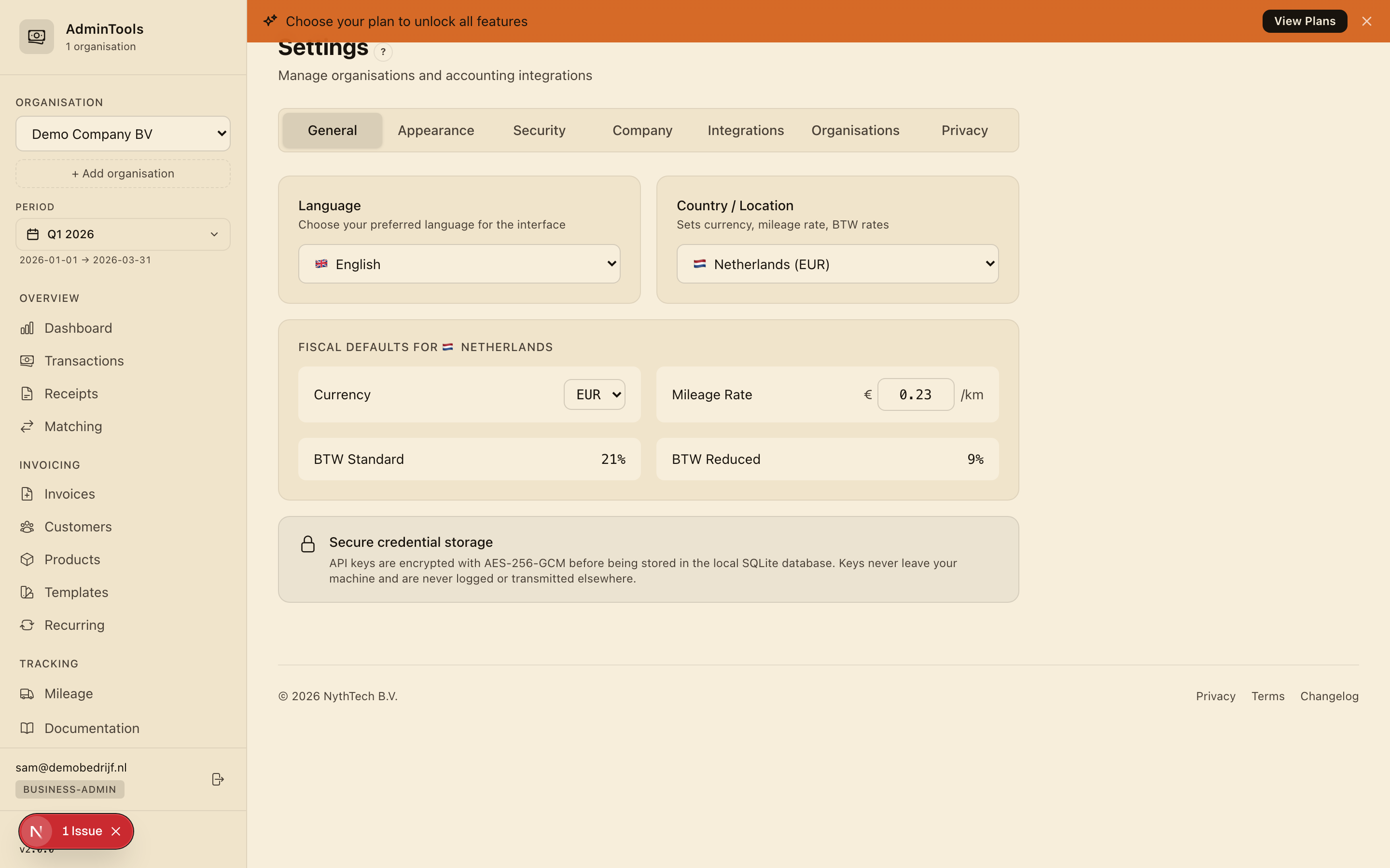 The Settings page, showing the language and country selectors and a read-only card with the fiscal defaults for the chosen country