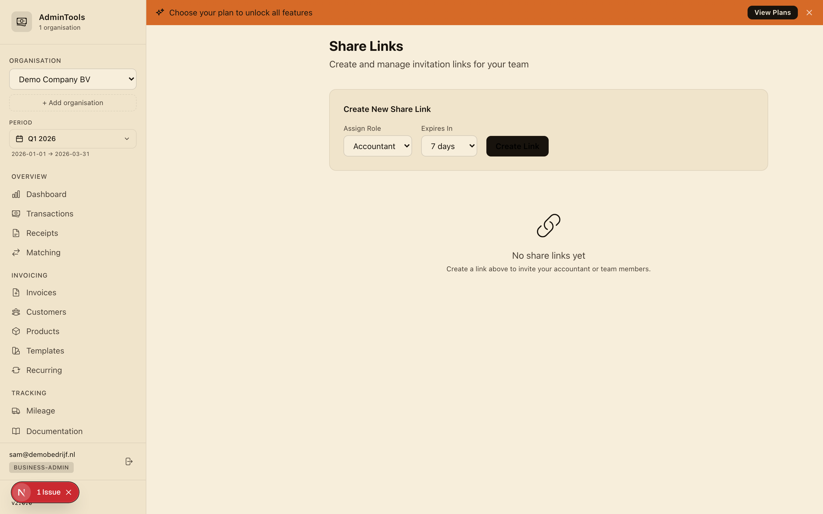 Generating an invite link with a chosen access level and expiry, alongside a list of people already invited